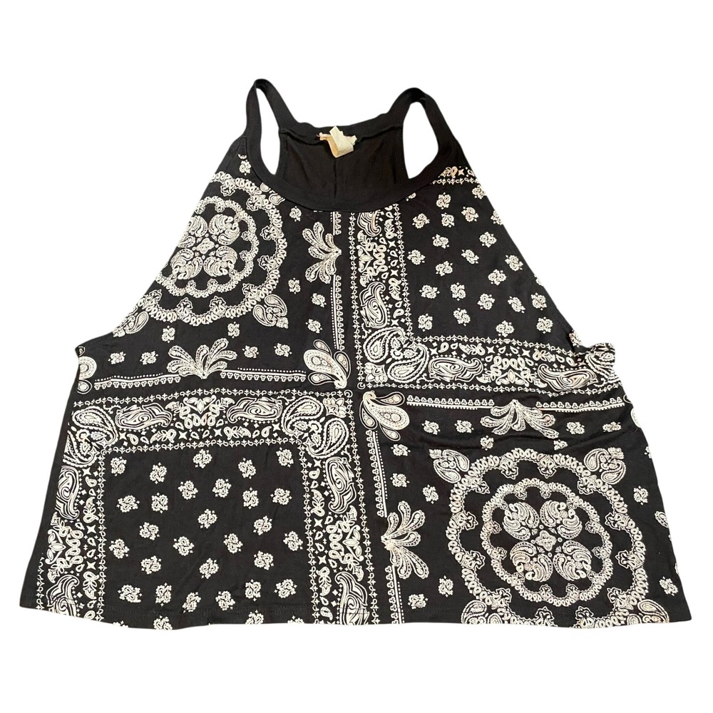 Poetry Bandana Paisley Print Split Open Back Halter Tank Top Black White Small